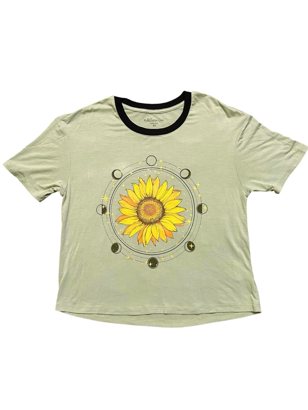 NWT Pale Green Rebellious One Short Sleeve Sunflower Moons Stars Crop Tee Sz XS